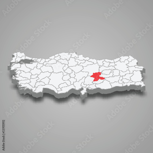 Malatya region location within Turkey 3d map