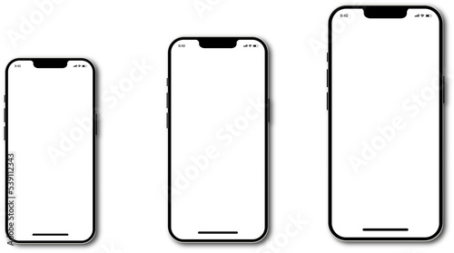 Realistic models of smartphones with transparent screens. Modern popular phones. Front view of the device. Smartphone mockup collection. Mobile phone with shadow on a transparent background. PNG image