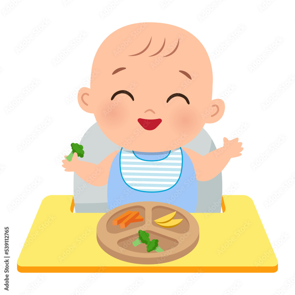 Cute baby eating with Baby led weaning method. Flat vector cartoon design Cute baby eating with Baby led weaning method. Flat vector cartoon design