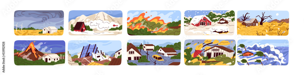 Natural disasters set. Catastrophes, emergency in nature. Destruction scenes of tornado, flood, volcano eruption, forest fire, drought, blizzard, snowfall and earthquake. Flat vector illustrations Natural disasters set. Catastrophes, emergency in nature. Destruction scenes of tornado, flood, volcano eruption, forest fire, drought, blizzard, snowfall and earthquake. Flat vector illustrations