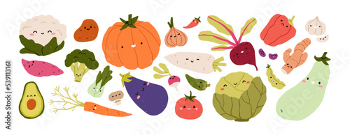 Cute vegetables with fun faces. Happy food characters set. Funny smiling kawaii veggies, pumpkin, carrot, broccoli, avocado. Childish colored flat vector illustrations isolated on white background