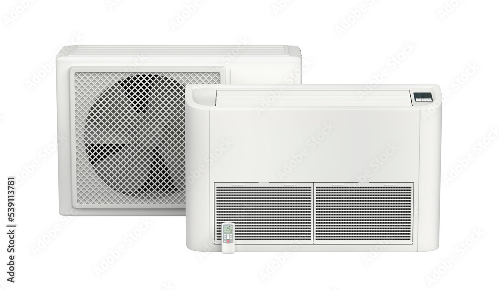 Floor mounted air conditioner with remote control and outdoor unit on transparent background Floor mounted air conditioner with remote control and outdoor unit on transparent background