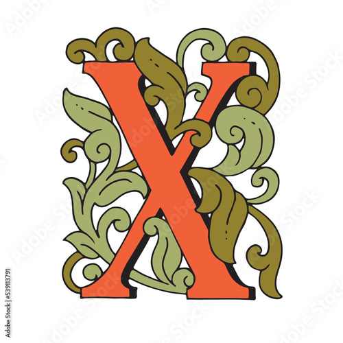 Vector drop cap. English letter X with Russian ornament. For a fabulous design. Capital letter. Making books with fairy tales