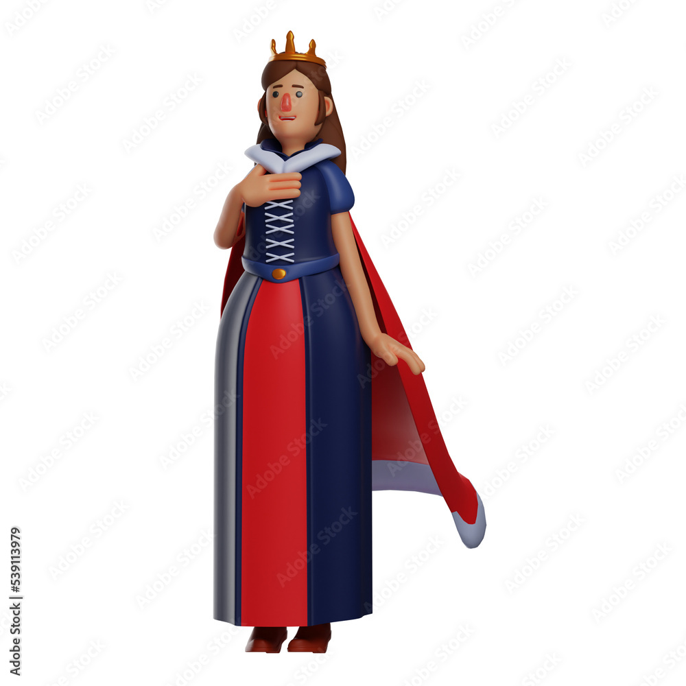  3D illustration. Cute Queen 3D character with humble expression. hands holding chest. with a pretty smile. 3D Cartoon Character