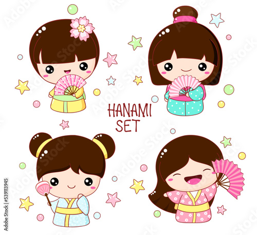 Set of cute little girls with fans in kawaii style. Hanami season collection of Japanese traditional toy kokeshi doll in kimono
