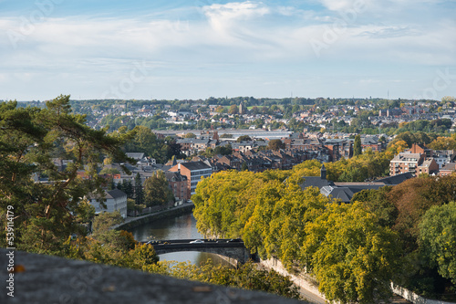 Aerial picture of Namur, Belgium. River Sambre and city landscape of Namur. Autumn scenery of Belgium town called Namur, seen from above. 