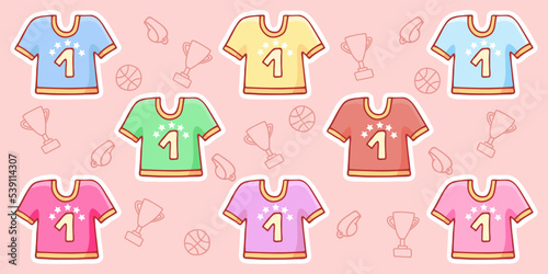 Cute hand-drawn set of sport t-shirts in doodle cartoon style. Composition in neutral candy colors. Kawaii element for card, social media banner, sticker, kids playroom decor. Vector illustration