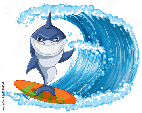 Cute shark cartoon character surfing