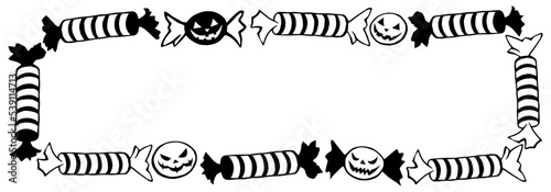 Vector horizontal rectangular frame of outline candies in different wrappers in Halloween style. Border, holiday decoration