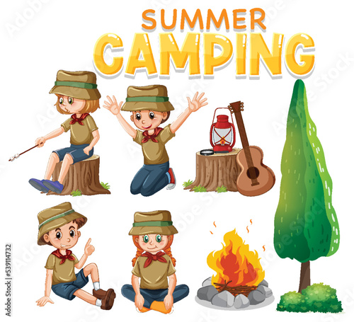 Set of camping kids cartoon character