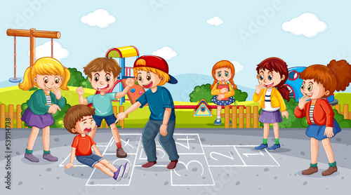 School playground with kids bullying cartoon concept