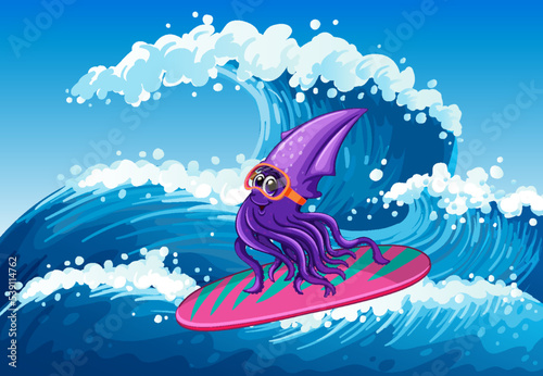 A squid on surfboard in the ocean