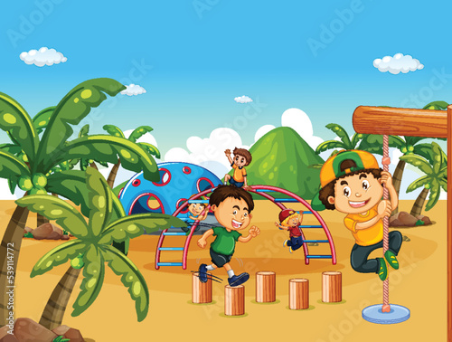 Beach playground with happy children