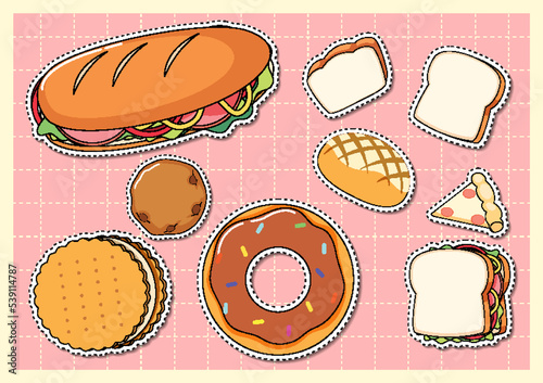 Mixed food cartoon sticker on grid background