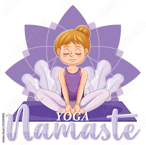 A girl practicing yoga with text