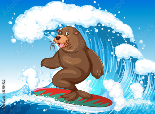 Sea lion on surfboard in the ocean