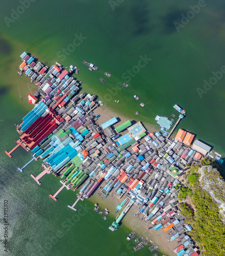 Aerial view of Ko Panyi or Koh Panyee muslim fishing village in Phang Nga Province, Thailand
