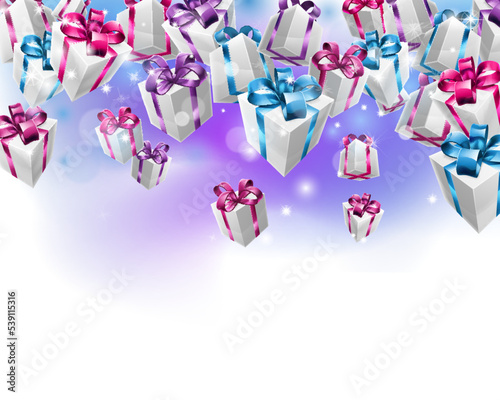 Prizes, gifts or presents in boxes falling Christmas or birthday concept background border frame design.