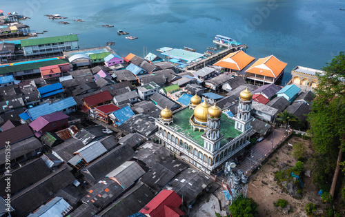Aerial view of Ko Panyi or Koh Panyee muslim fishing village in Phang Nga Province, Thailand photo