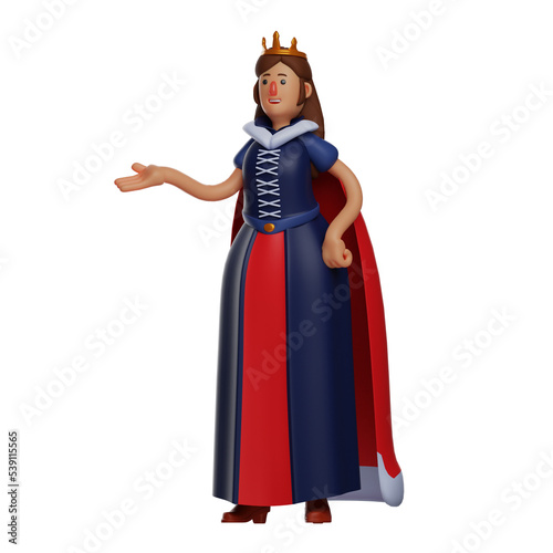  3D illustration. Graceful Queen 3D Cartoon Character with elegant pose. have a pretty face. wearing a cute crown. 3D Cartoon Character