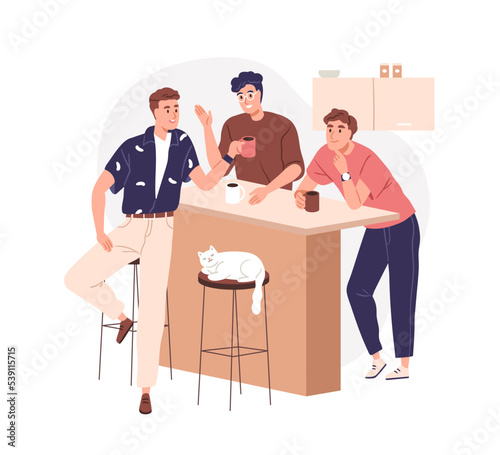 Men friends gathering at home kitchen. Guys buddies hanging out, talking at tea party. Bros meeting together. Male friendship concept. Flat vector illustration isolated on white background