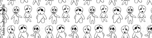 Vector seamless pattern with cute zombies in cartoon style. Outline doodle illustration isolated. Halloween backgrounds and textures. For holiday design, greeting card, wrap, web.