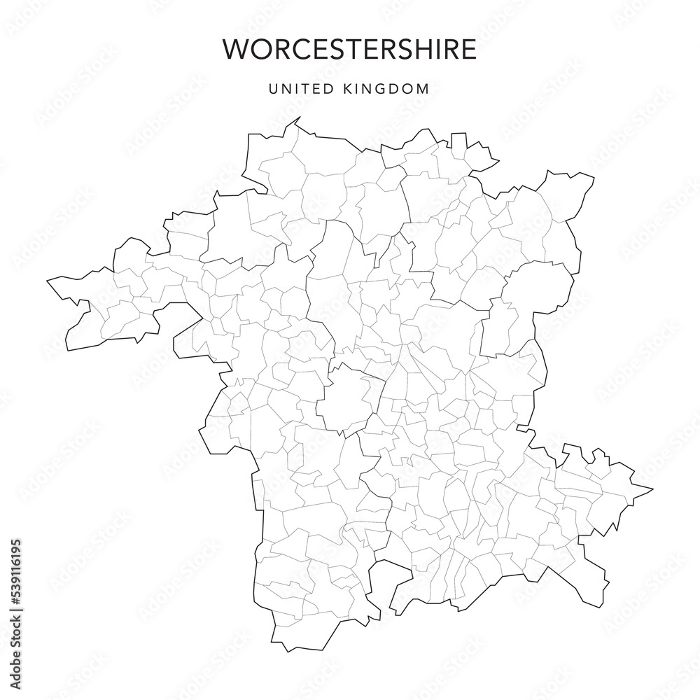 Administrative Map of Worcestershire with Districts and Civil Parishes as of 2022 - United Kingdom, England - Vector Map