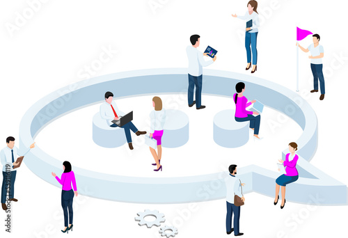 3D isometric concept of People working, communicating, and studying in a contemporary coworking workplace. Transparent PNG illustration