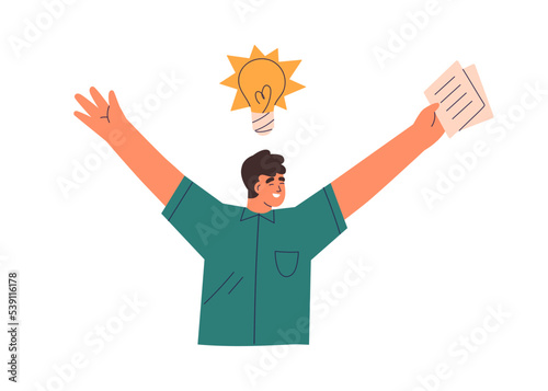 Person with creative business idea. Bright lightbulb as smart solution, insight, discovery and invention concept. Happy inventor with light bulb. Flat vector illustration isolated on white background photo