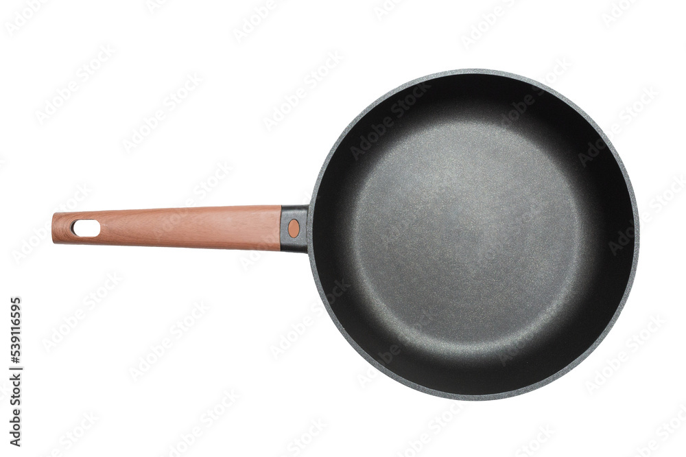 Black frying pan with wooden handle. Isolated on a white background. Top view. Black frying pan with wooden handle. Isolated on a white background. Top view.