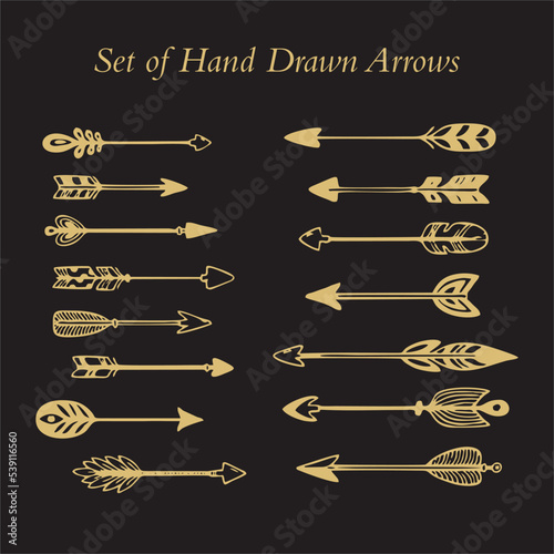 Hand made arrows for bow set. Contour black weapons indian tribes tribal natives ritual and combat arrows with tied amulets shamanic talismans with magnificent plumage sharp tip. Vector sketch.