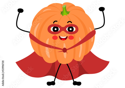 Funny pumpkin mascot in traditional costume of superhero