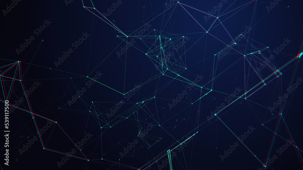 The concept of a network connection with a glitch effect. Technological blue background with lines and dots. Big data. 3d rendering