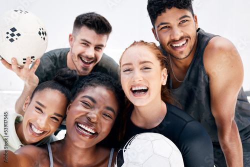 Friends, sports and selfie with team of football athletes for training, workout and social media together. Teamwork, soccer player and portrait of group of people for exercise, fitness and goals
