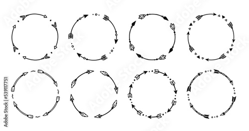 Boho arrow circle frame set. Hand drawn doodle african, aztec rustic ethnic arrow border, ornament circle frame. Tribal boho decor design. Vector illustration.
