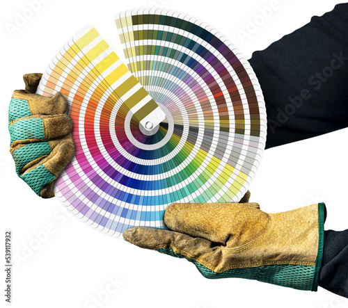 Manual worker with protective work gloves holding a pantone color swatches isolated on transparent or white background, photography, png.
 photo
