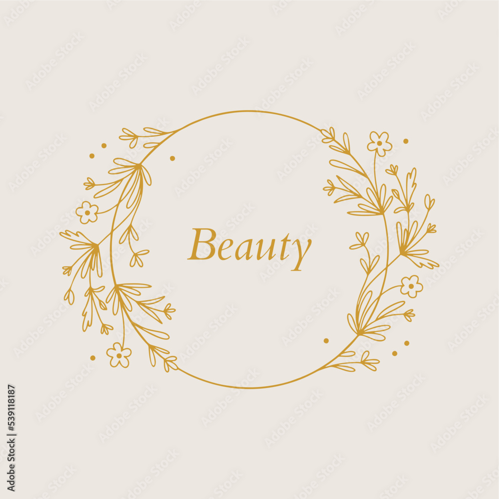 Vector floral hand drawn logo template in elegant and minimal style with gold color on grey background illustration. Circle frames logos. For badges, labels, logotypes and branding business identity.