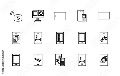 Simple set of electronics related vector linear icons. Contains icons such as: phone, computer, monitor, technology, web icons, vector, speaker, column and more. Editable stroke 48x48 pixels perfect.