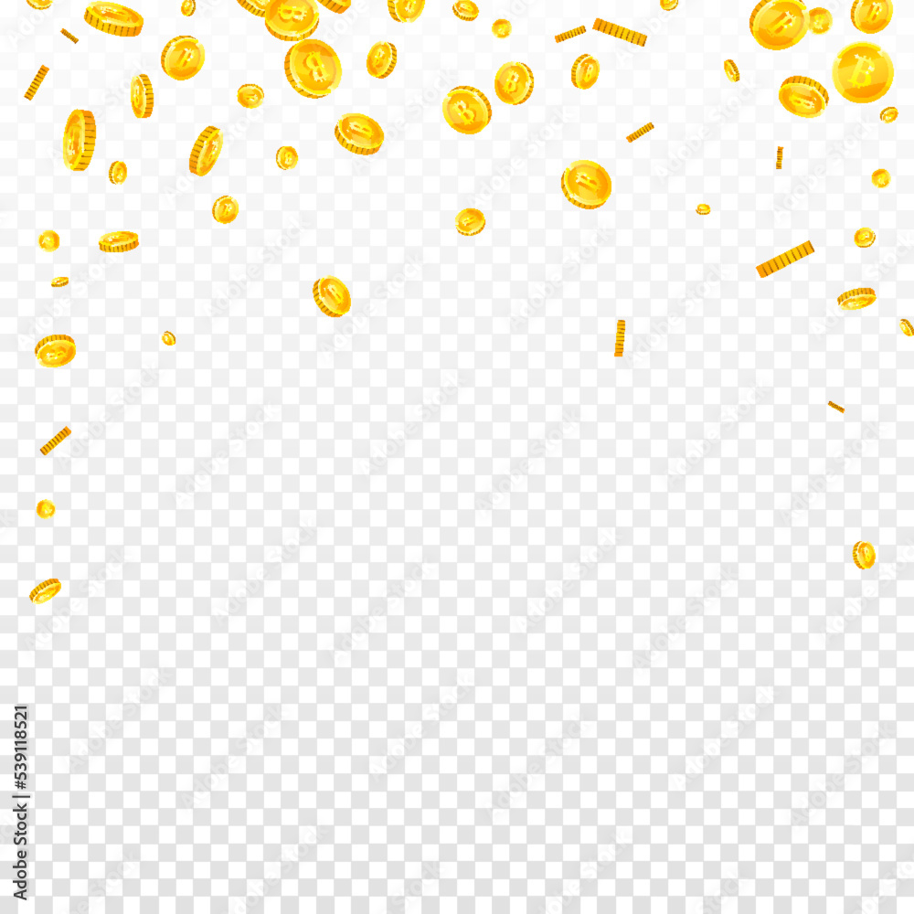 Bitcoin coins falling. Cryptocurrency scattered Bitcoin coins falling. Cryptocurrency scattered