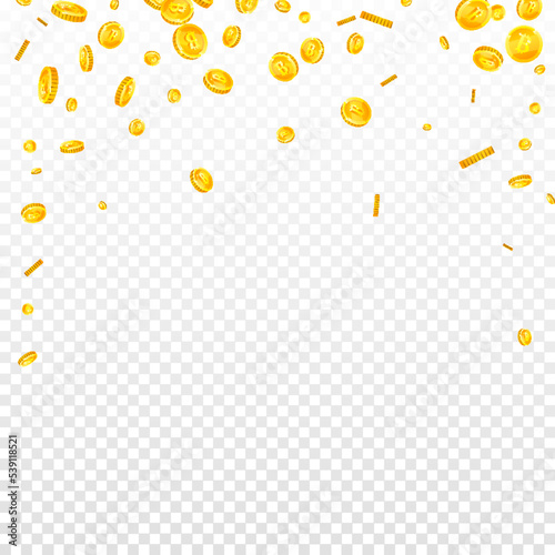 Bitcoin coins falling. Cryptocurrency scattered
