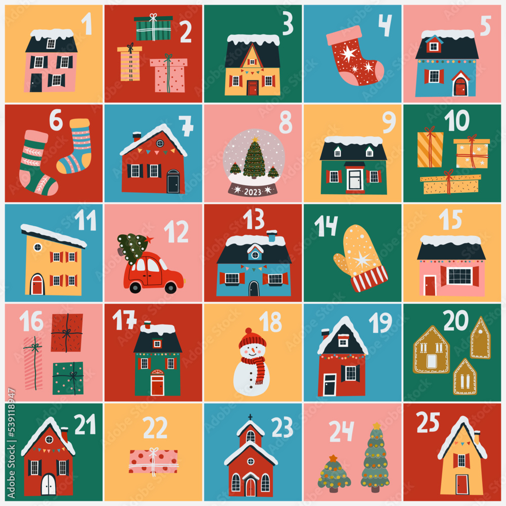 Christmas Advent calendar with cute winter decorations. Vector illustration set in flat cartoon style. Xmas poster in bright retro colors.