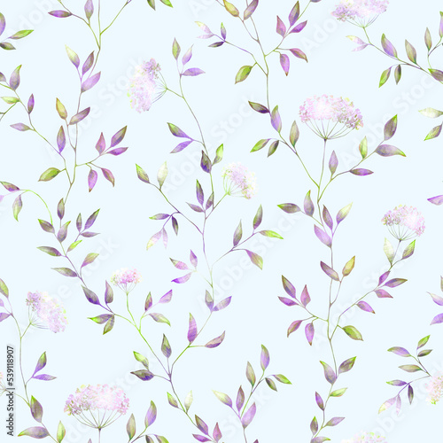 Vintage faded floral seamless pattern on pastel blue background. Pastel color violet neon green flowers leaves botanical repeat print. Retro elegant design.