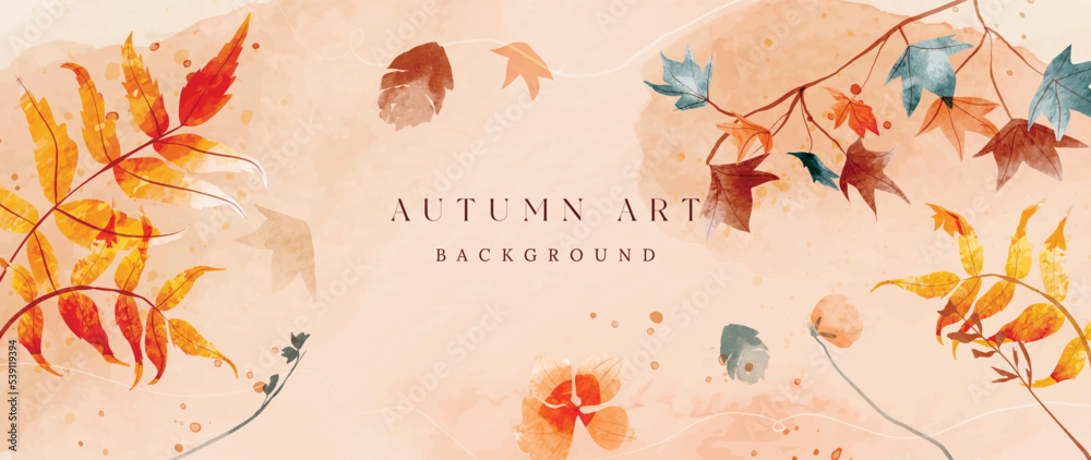 Fototapeta premium Autumn foliage in watercolor vector background. Abstract wallpaper design with maple, fern, flowers, leaf branch. Botanical in fall season illustration suitable for fabric, prints, cover, wall art.