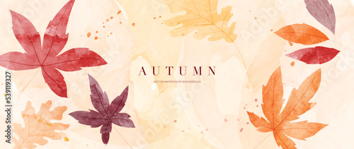 Autumn foliage in watercolor vector background. Abstract wallpaper design with maple, oak leaves, line art, branch. Botanical in fall season illustration suitable for fabric, prints, cover, wall art.