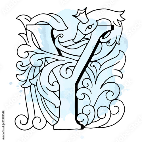 Vector drop cap. English letter Y with Russian ornament. For a fabulous design. Capital letter. Making books with fairy tales. Fairy bird with a crown