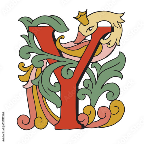 Vector drop cap. English letter Y with Russian ornament. For a fabulous design. Capital letter. Making books with fairy tales