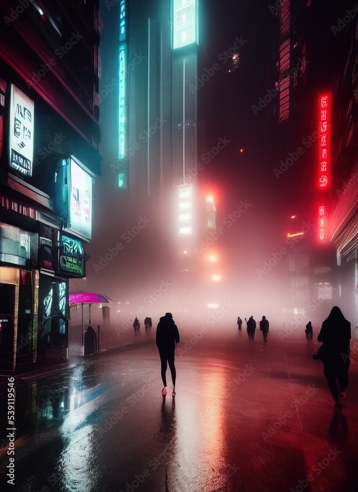 Photorealistic 3D illustration of a Rainy foggy night on a street of a cyberpunk city. Huge neon skyscrapers. Wet asphalt reflecting glowing neon lights. Gloomy urban scene.