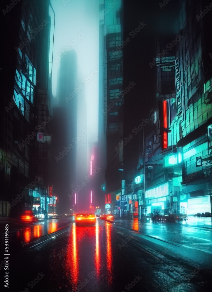 Photorealistic 3D illustration of a Rainy foggy night on a street of a cyberpunk city. Huge neon skyscrapers. Wet asphalt reflecting glowing neon lights. Gloomy urban scene.