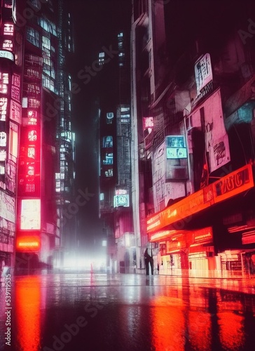 Photorealistic 3D illustration of a Rainy foggy night on a street of a cyberpunk city. Huge neon skyscrapers. Wet asphalt reflecting glowing neon lights. Gloomy urban scene.