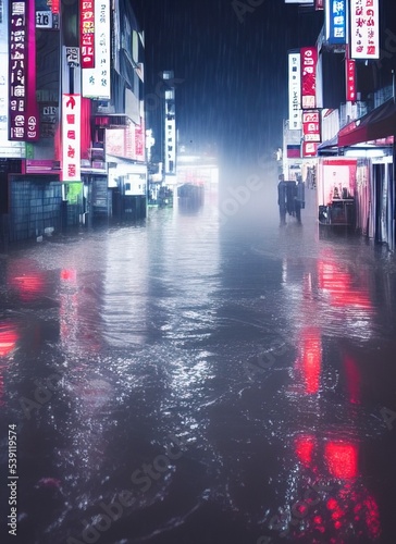 Photorealistic 3D illustration of a Rainy foggy night on a street of a cyberpunk city. Huge neon skyscrapers. Wet asphalt reflecting glowing neon lights. Gloomy urban scene.